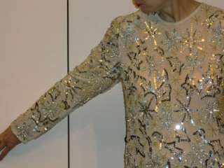 JUDITH ANN CREATION Silver Gold Bead Sequin silk Gown M  