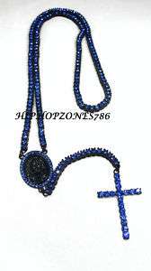 ROW BLACK/BLUE ROSARY CROSS CHAIN NECKLACE ICED OUT  