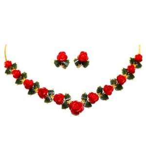  22k Gold Plated Red Coral Roses & Jade Leaf Jewelry with 