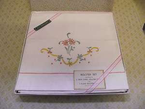   OF VINTAGE IRISH LINEN EMBROIDERED PILLOW CASES & BOLSTER CASE  
