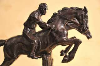 FRENCH BRONZE HORSE JOCKEY SIGNED BONHEUR STEEPLECHASE  