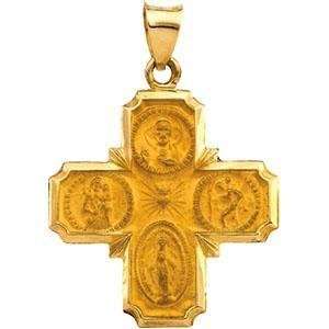  14K Yellow Gold Hollow Four Way Cross Medal Pendant 