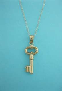   Real Yellow Gold Key Charm Necklace 18 1 1/8 Hollow Shiny Brand New