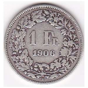  1906 Switzerland 1 Franc Coin   Silver Content 83,5% 