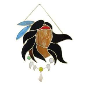   Glass Native American Warrior Wall Plaque Suncatcher