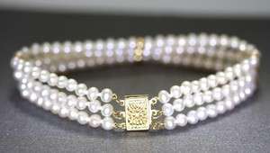 14k Yellow Gold 3 String Pearl Bracelet  