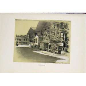  Interlaken Town Street Sketch Art Sepia Style Print Old 