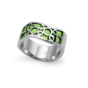  Wavy Stainless Steel Womens Ring with green resin inlay 