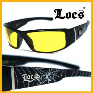Locs Mens Biker Sunglasses   Black Spider Yellow LC57  