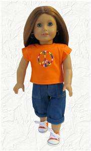   Denim Capris + Peace Shirt Orange Fit American Girl & 18 dolls  
