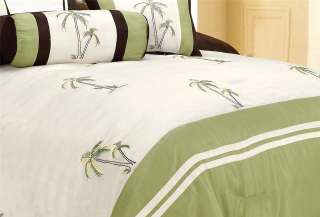 7PC Green *Catalina Island Embroidery Palm Tree Comforter Set Queen 