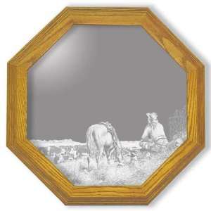  Etched Mirror Cowboy Art in Solid Oak Frame: Home 