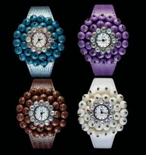 4pcs Fashion Beads Crystals Girls Ladies Leather Band Wrist Watch RNP 