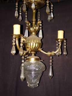 Nice old French 3 arms small bronze & prism chandelier  