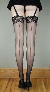 SHEER LACE TOP Thigh High BACK SEAM Stockings BLACK O/S  