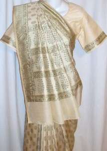 Cream Olive Silk Sari w/ Choli Blouse Indian Saree Dance Bollywood 