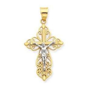  14K Two tone Small Lacey edged Crucifix Pendant: Jewelry