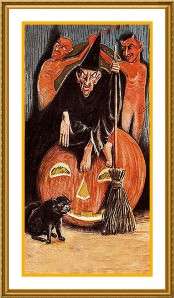 Victorian Halloween #13 Witch Pumpkin Devils Cat Counted Cross Stitch 