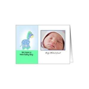  New Baby Boy Birth Announcement Photo Card with Giraffe 
