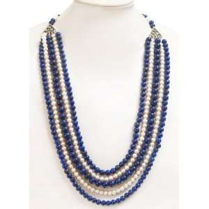  Natural Lapislazuli & Fresh Water Pearl Beaded Necklace Jewelry