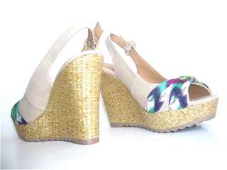 NEW Beige Multicolor Wedge Peeptoe Platform Shoe Sandal  