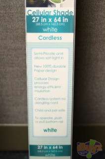 27 x 64 Econofit Cordless Cellular Shade   White   NEW  