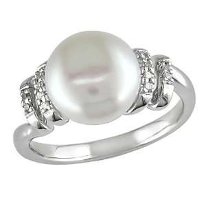 Sterling Silver .04 ctw Diamond and 9 10mm Cultured Freshwater Pearl 