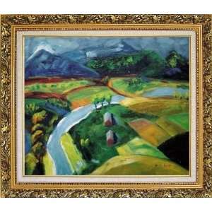 River Pass through Village Oil Painting, with Ornate Antique Dark Gold 