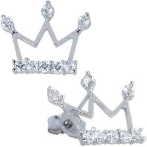  14K White Gold Cubic Zirconia Crown Stud Earrings: Jewelry
