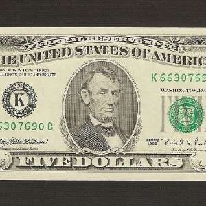 US CURRENCY 1995 $5 FEDERAL RESERVE NOTE DALLAS GEM CU, Old Style 