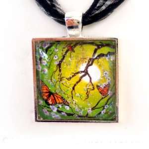   Peace Tree with Monarch Butterflies Handmade Fine Art Pendant Jewelry