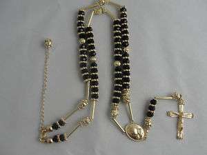 ICED OUT MENS CRYSTAL ROSARY NECKLACE GOLD W/BLACK  