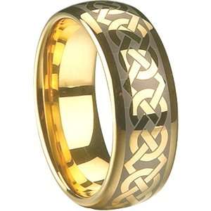 : Gold Tungsten Carbide Ring. Domed & Polished. Etched Celtic Design 