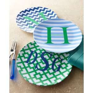  Four Green Squares Dinner Plates with Navy ThreeInitial 