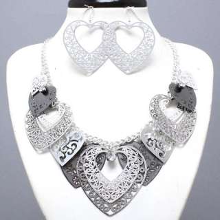 Chunky Rhodium Hematite Metal Heart Necklace And Earring Set  