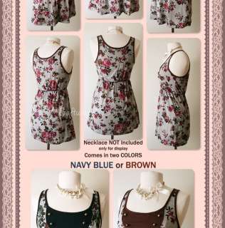 Navy/Brown Rose Floral Print Bib Button Long Tunic Top  