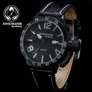 INFILTRATOR Black Mens Army Military Sports Quartz Wrist Watch Leather 