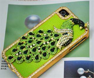 iPhone 4G 4Gs 4S Green Leather Peacock Diamond Rainstone Bling Case 