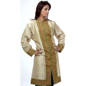  Beige Long Jacket from Kashmir with Ari Embroidery by Hand 