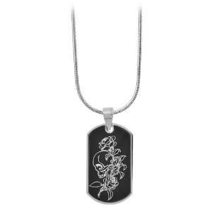  Mens Dog Tag Pendant with a Drawing Of a Skull and a Rose 