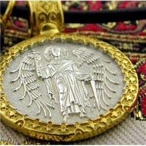 Russian 22 Kt Gold Gilded and Sterling Silver Angel Medal Egg Pendant 