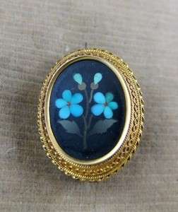 VICTORIAN PIETRA DURA FORGET ME NOT 18CT GOLD BROOCH  