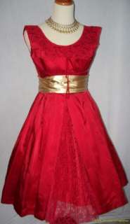 Gorgeous Vintage Dress 50s 1950s Red Party Satin Lace Full Skirt 
