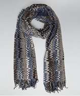 Missoni blue and grey zigzag wool blend fringed scarf style# 319010201