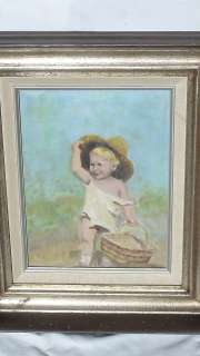 BEAUTIFUL PLEIN AIR PAINTING OF LITTLE GIRL WITH PICNIC BASKET  
