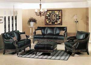 Manhattan Formal Sofa, Love Seat & Chair Black Leather Exposed Wood 3 