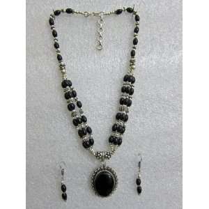 Unique Indian Sterling Silver and Black Onyx Necklace Pendant and 