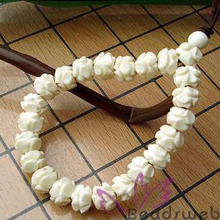 White Carved Bone Lotus Beads Charm Bracelet Bangle  