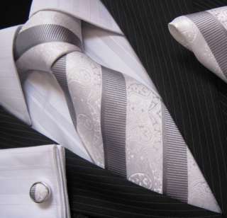 DISTINO Mens Silk Tie, Cufflinks & Hanky: Silver No.90  
