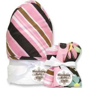    Maya Stripe Hooded Towel and Washcloth Bouquet Set Brown: Baby